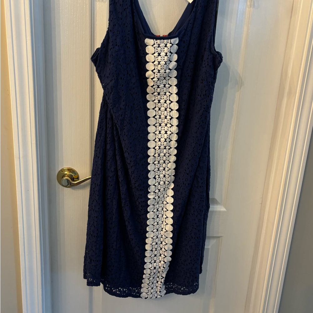 Nina Leonard Navy Dress with White Detailing